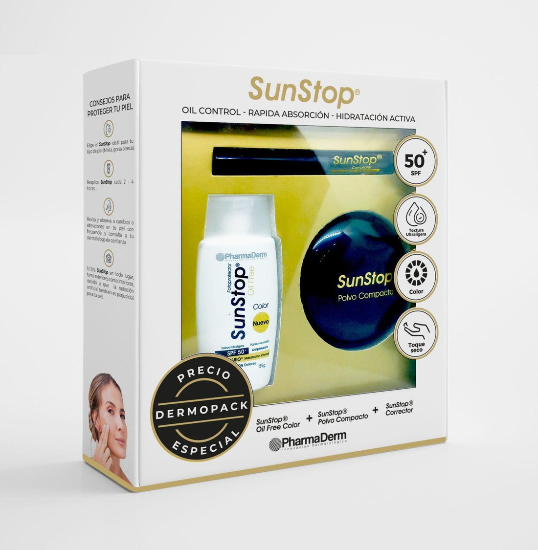 Kit Sunstop Oil Free Color + Polvos Compactos Canela + Corrector SUNSTOP® - LASKIN