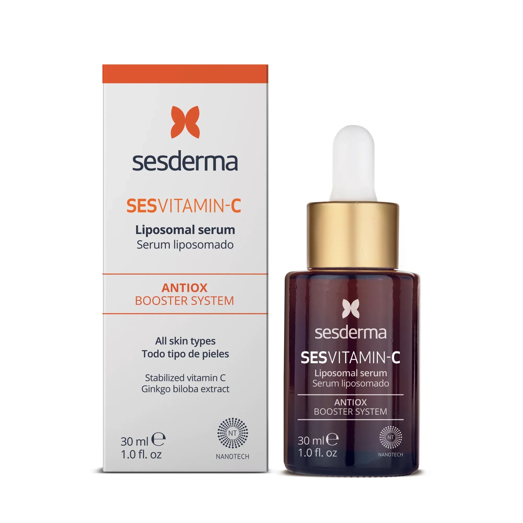 Sérum liposomado de vitamina C SESDERMA, frasco de 30 ml junto a su caja, cuidado facial antioxidante.