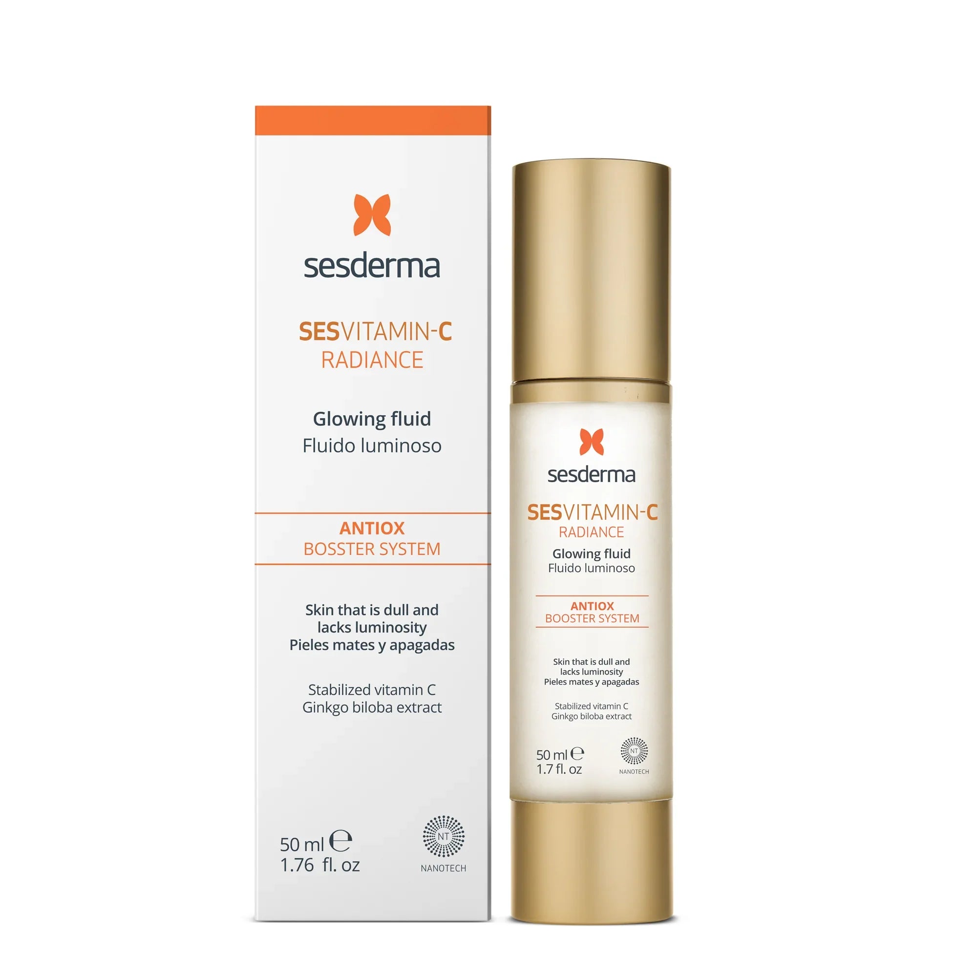 Fluido luminoso con vitamina C para piel opaca, envase dorado de 50 ml junto a su caja.