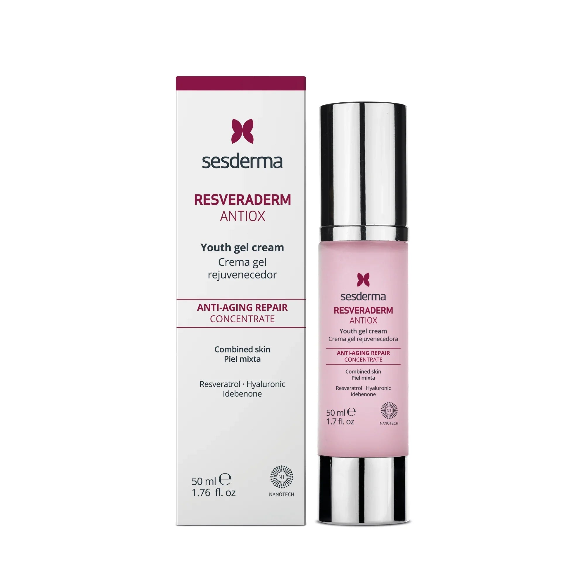 Crema gel antiedad Sesderma Resveraderm Antiox para piel mixta, 50 ml, envase y caja visibles