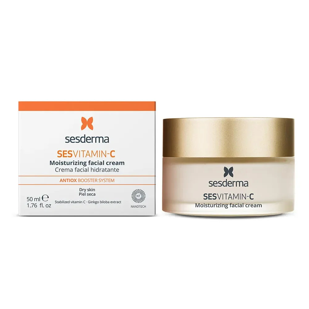 Crema facial hidratante con vitamina C para piel seca, tarro y caja, cuidado antiedad.