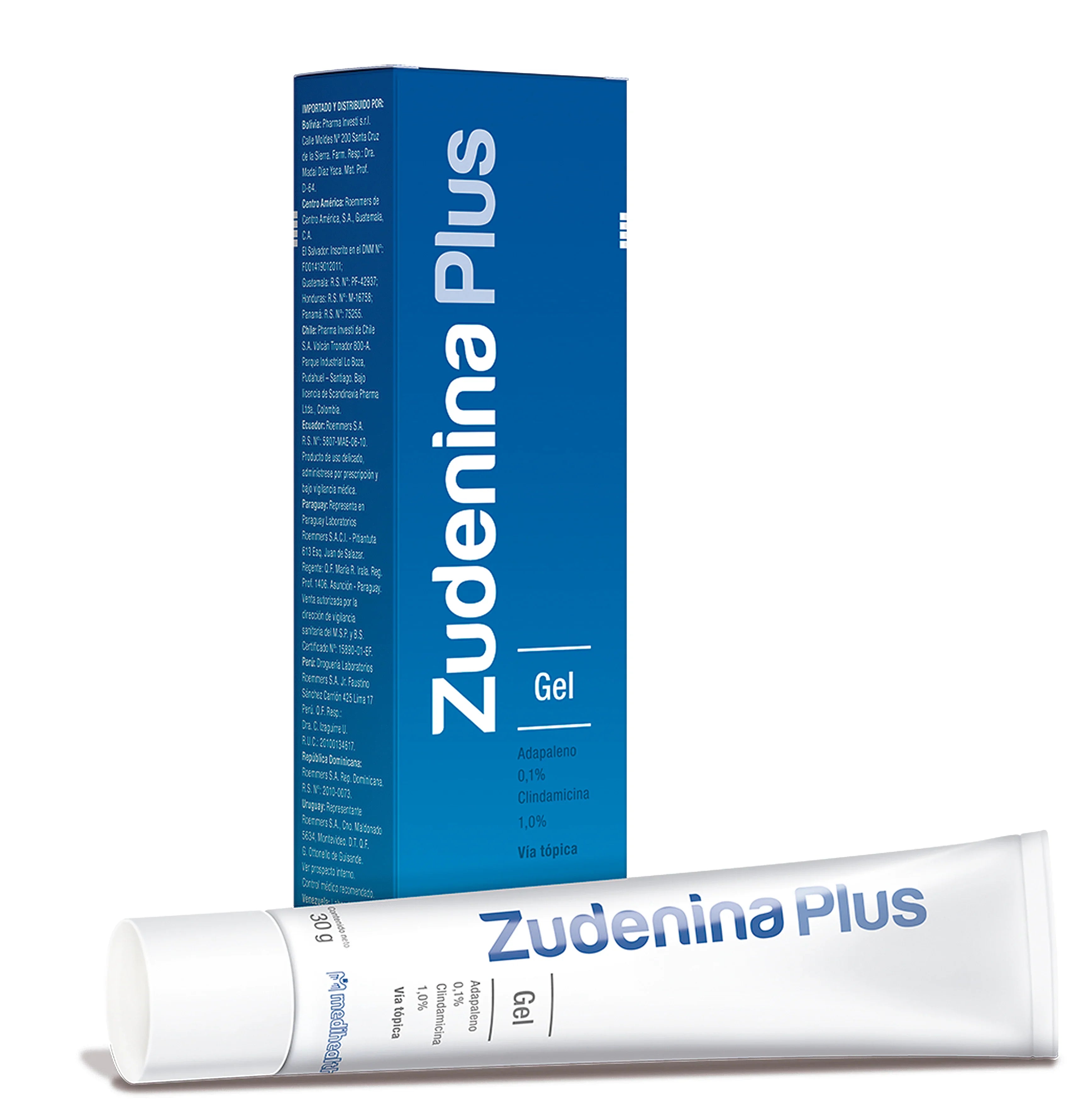 Zudenina Plus Gel 30g para tratamiento tópico de acné, adapaleno y clindamicina, caja y tubo.