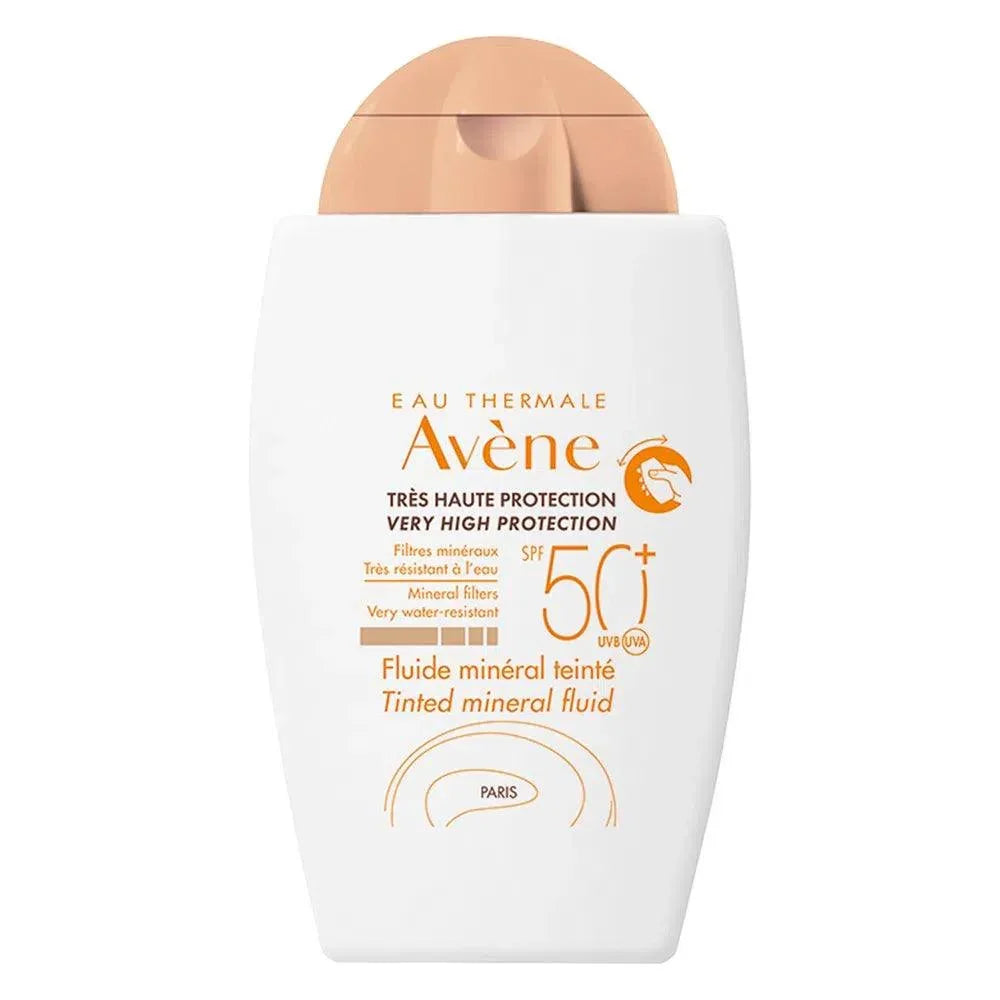 Protector solar fluido mineral con color SPF 50 de Avène, envase blanco de 40 ml para rostro