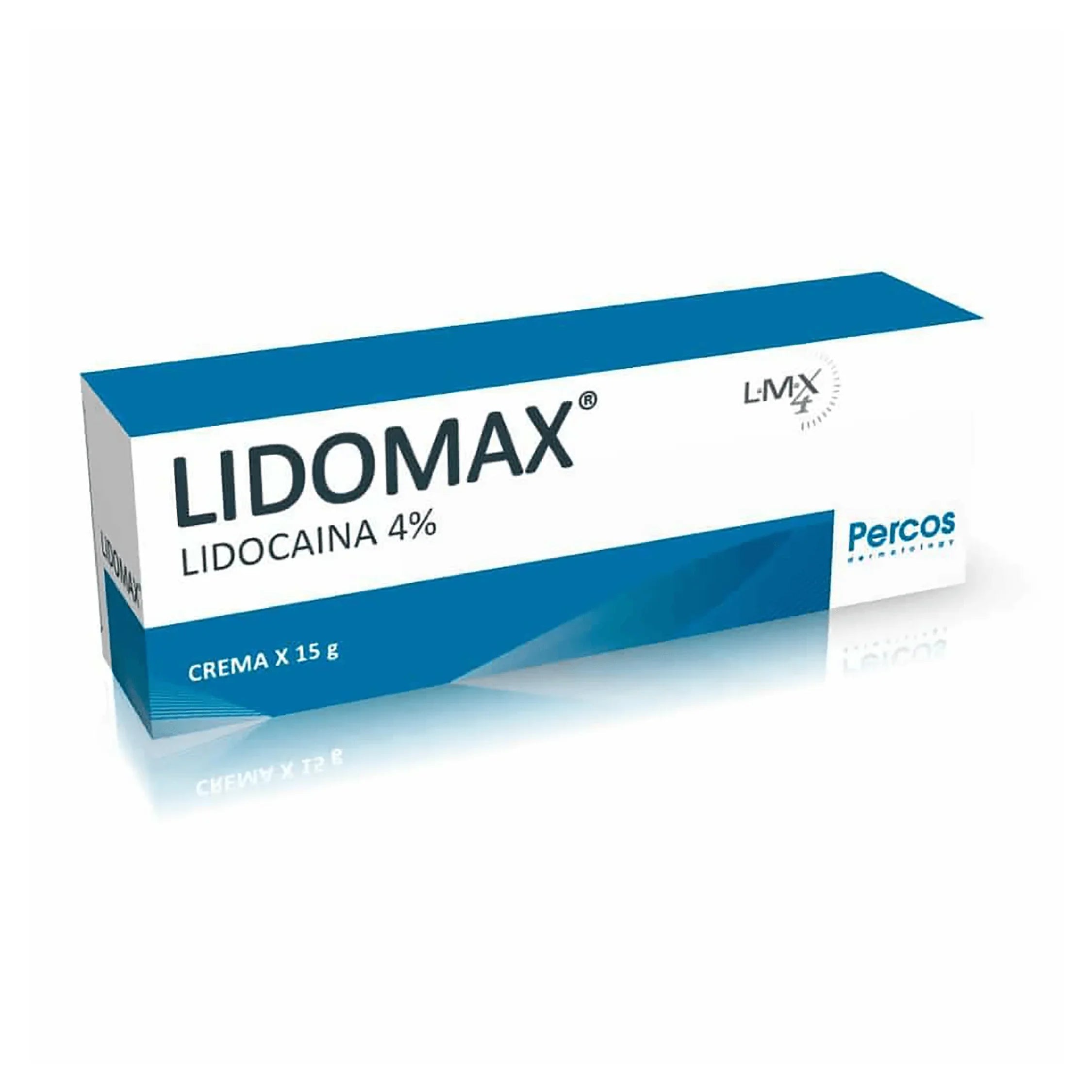 Caja de crema Lidomax Lidocaína 4% de 15g para uso dermatológico.