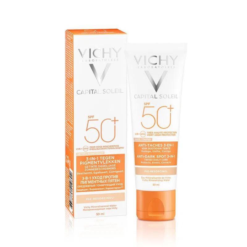 Protector solar facial Vichy Capital Soleil SPF 50+, tubo y caja, para manchas y protección UV.