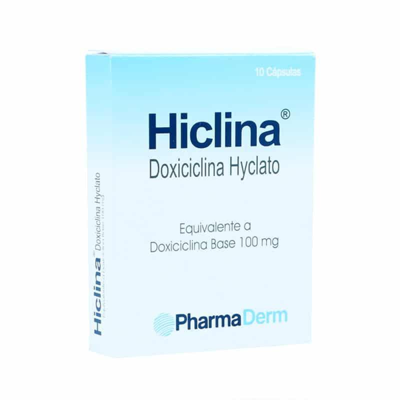 Caja de Hiclina Doxiciclina Hyclato 100 mg, 10 cápsulas, fondo blanco, dermatología