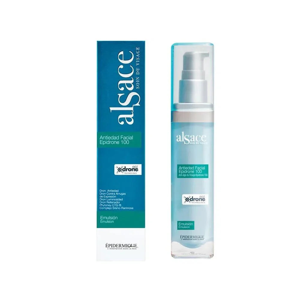 Emulsión facial antiedad Alsace Epidrone 100 de 30 ml, con caja y envase tipo bomba, para cuidado de la piel