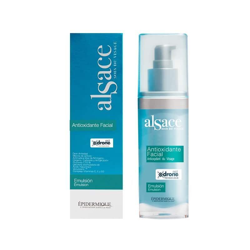 Crema facial antioxidante Alsace, envase con dispensador y caja azul, cuidado de la piel.