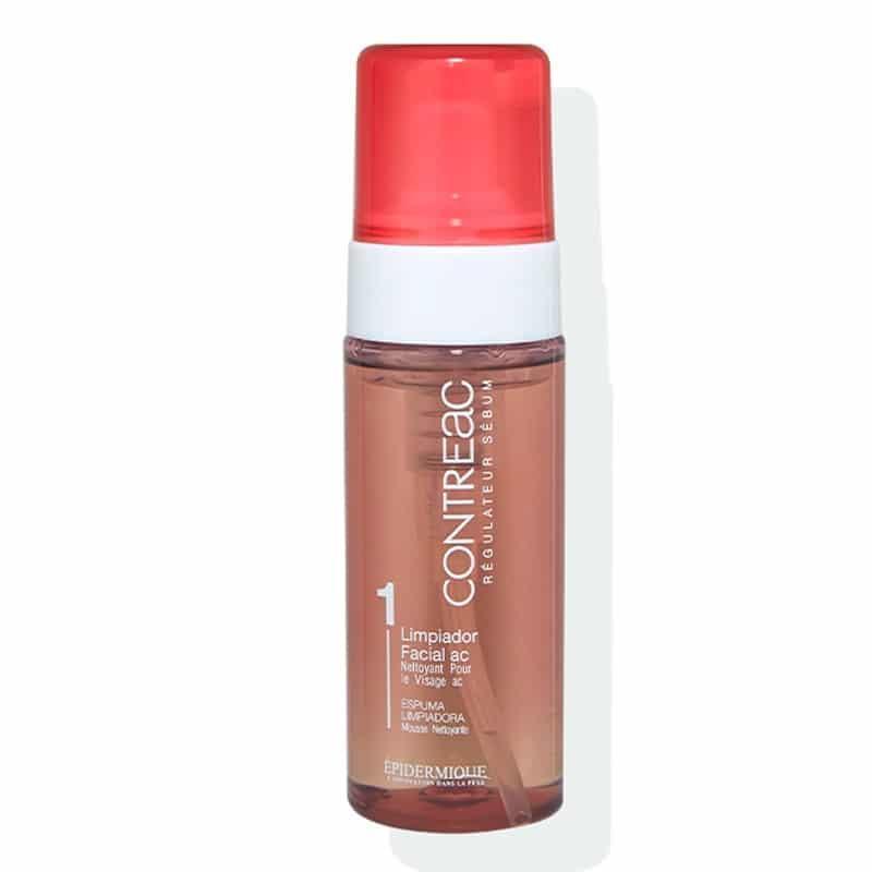 Limpiador facial Contreac en espuma, bote transparente con tapa roja, 160 ml, cuidado de la piel