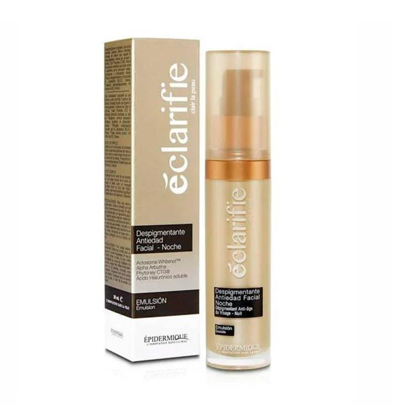 Emulsión despigmentante antiedad facial de noche éclarrifie de 30ml, frente a su caja.