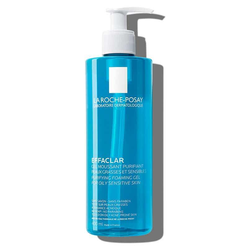 Gel limpiador facial Effaclar 400 ml para piel grasa y sensible, envase azul con dosificador.