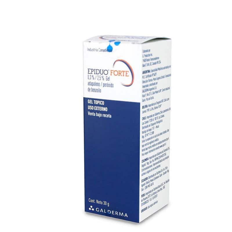Caja de Epiduo Forte Gel 30g para tratamiento tópico de acné, visible marca Galderma