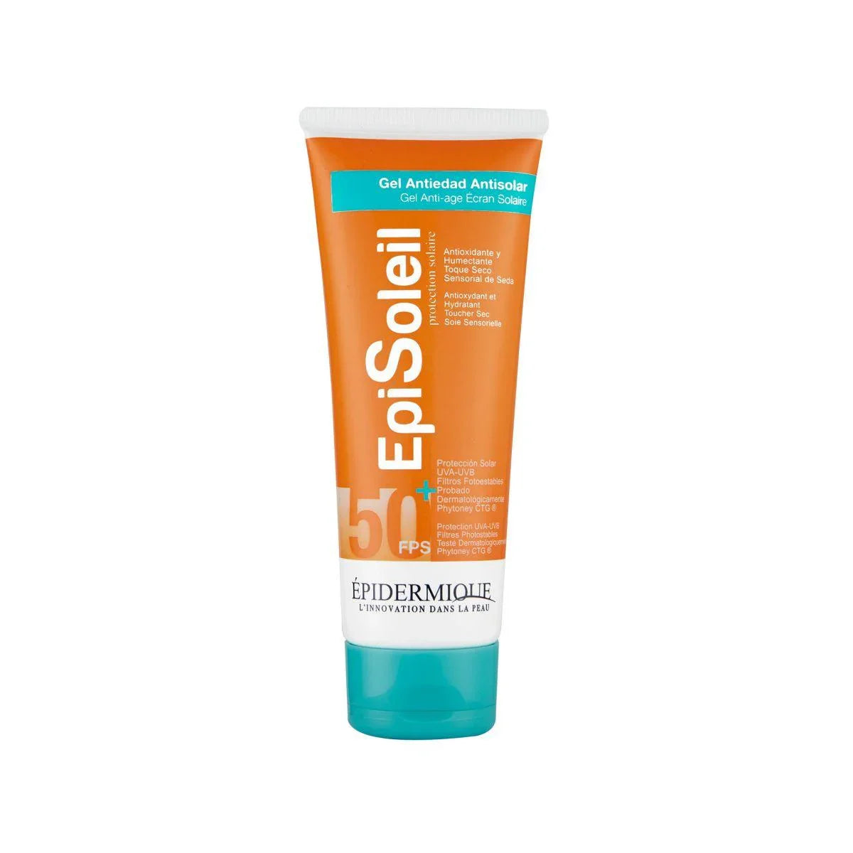 Gel antiedad EpiSoleil SPF 50, protector solar facial en tubo naranja, 60g