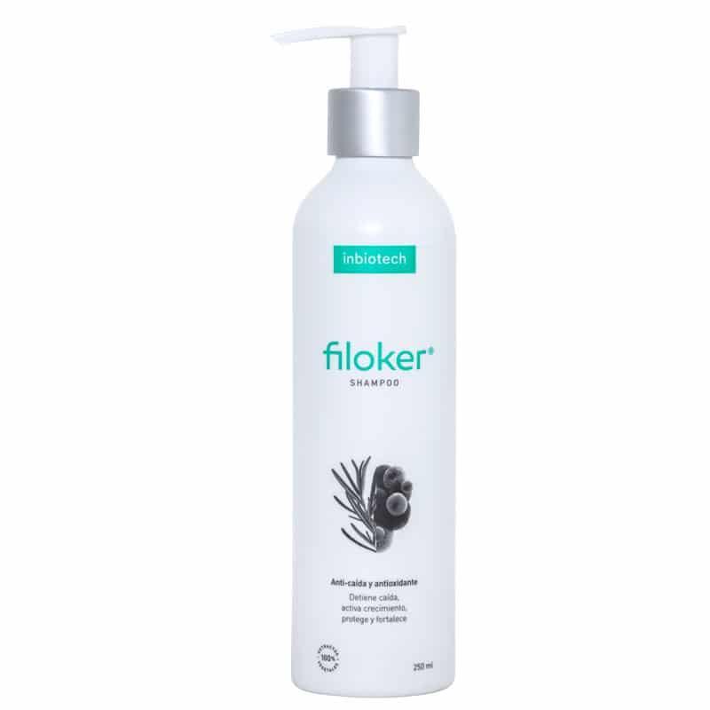 Botella de shampoo Filoker 250 ml, anti-caída y antioxidante, con dosificador.