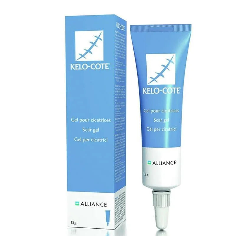 Gel para cicatrices Kelo-Cote de 15g, tubo azul con caja, cuidado dérmico.