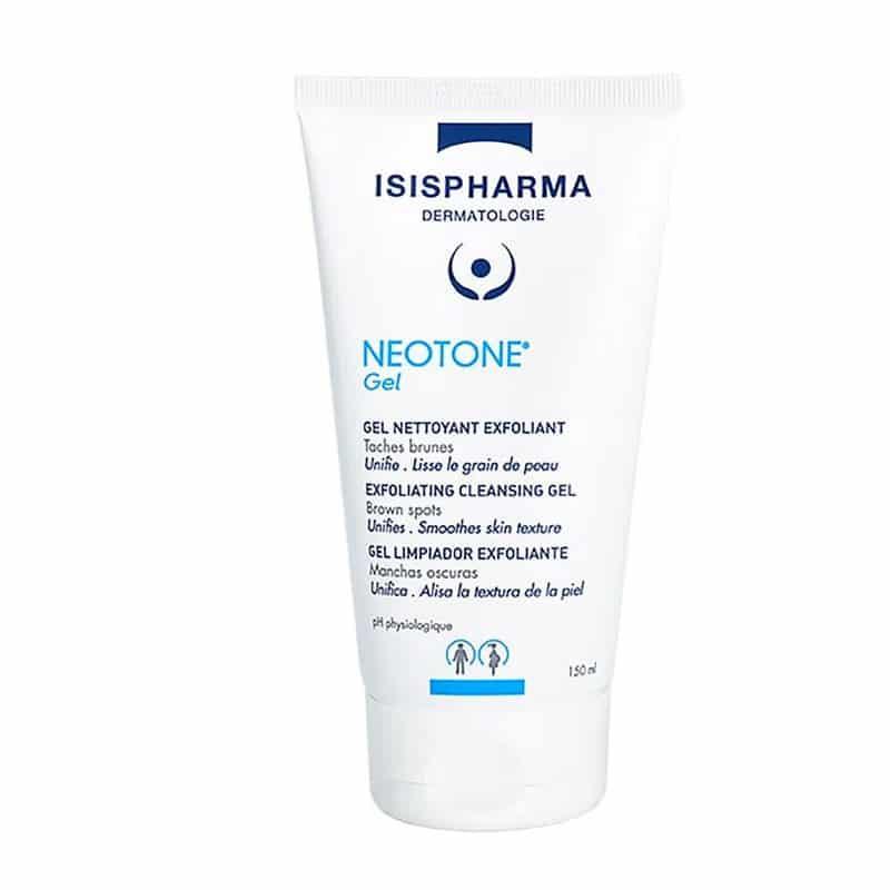 Gel limpiador exfoliante Neotone para manchas oscuras, tubo blanco de 150 ml.