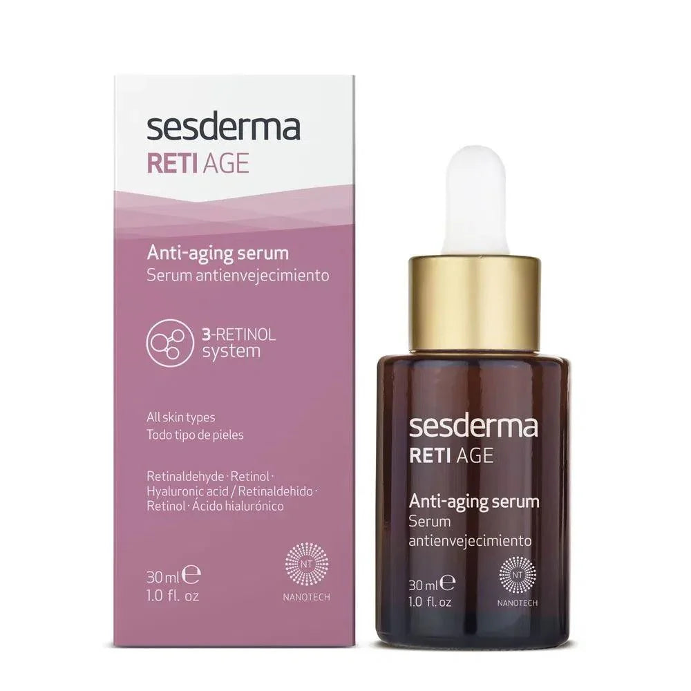 Suero antienvejecimiento Sesderma Reti Age 30ml con retinol y gotero, junto a su caja.