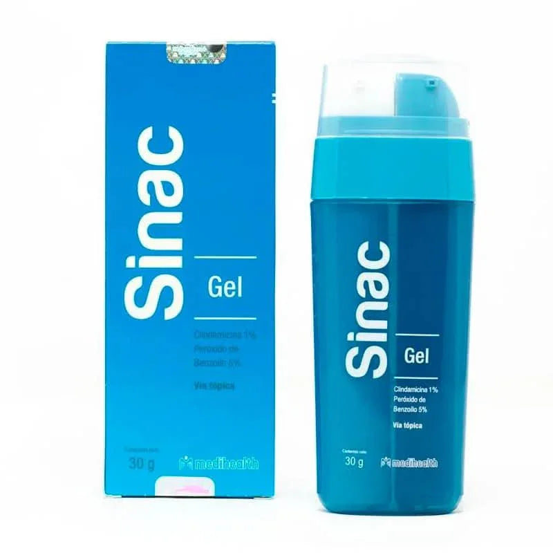 Sinac Gel 30g para acné con clindamicina y peróxido de benzoilo, envase y caja azul