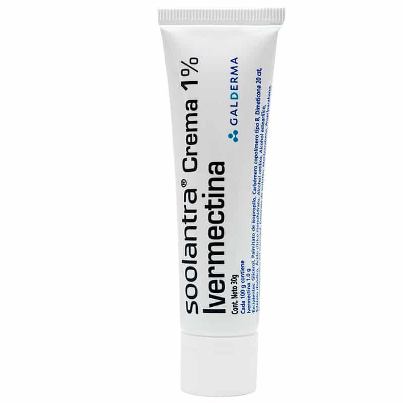 Tubo de crema Soolantra ivermectina 1% de 30g, tratamiento dermatológico.