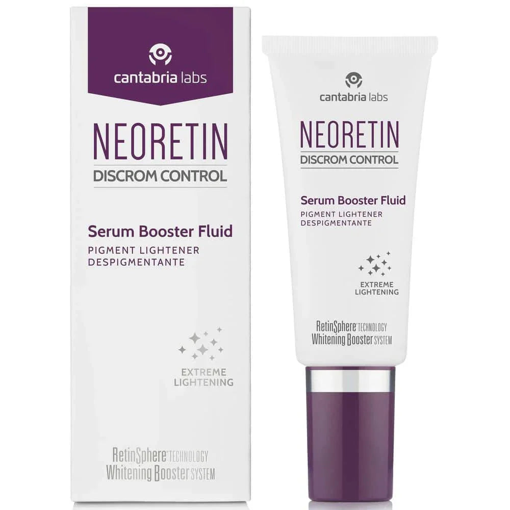 Suero despigmentante Neoretin Dischrom Control Serum Booster Fluid junto a su caja.