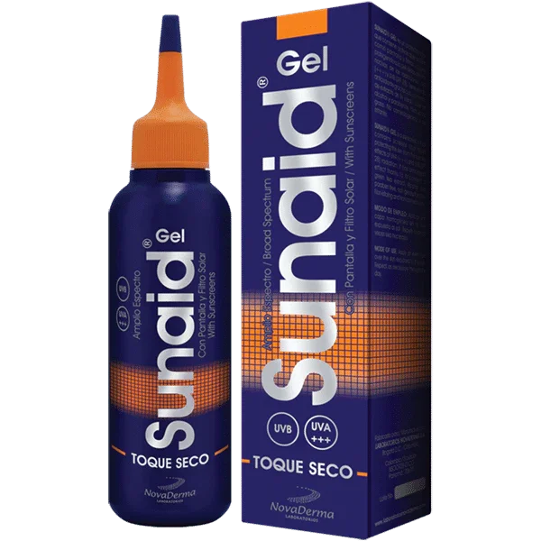 Gel protector solar Sunaid toque seco de 100ml con envase y caja azul y naranja