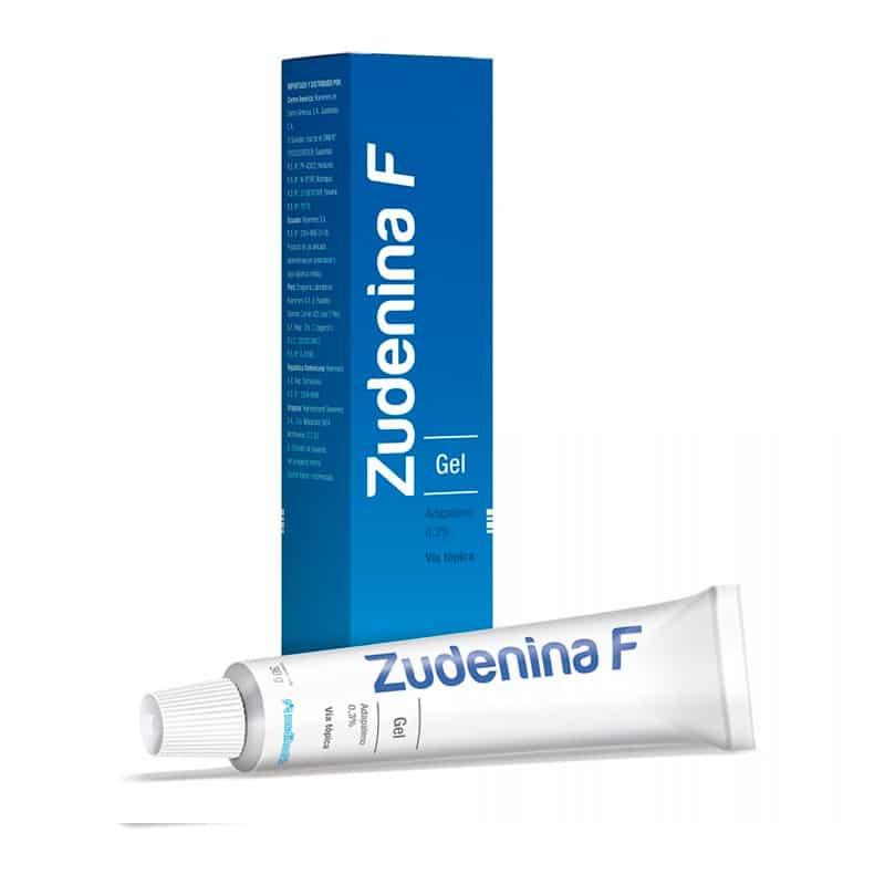 Zudenina F Gel es un gel de Adapaleno 0,3% está especialmente formulado para combatir eficazmente los comedones (puntos negros y espinillas), pápulas (granitos rojos) y pústulas (granitos con pus) que caracterizan al acné vulgar.
